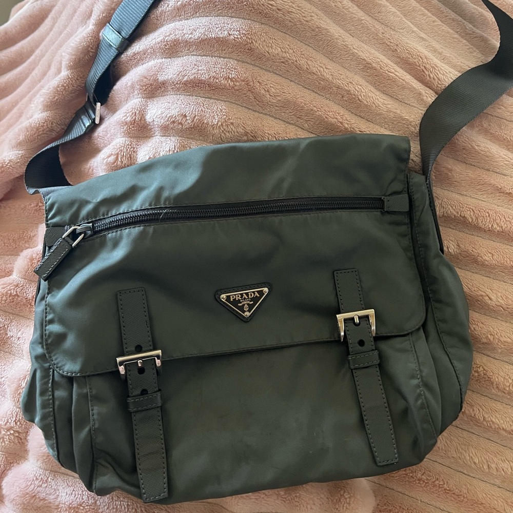 Prada Tessuto Nylon Saffiano Vela Messenger Bag Khaki Green